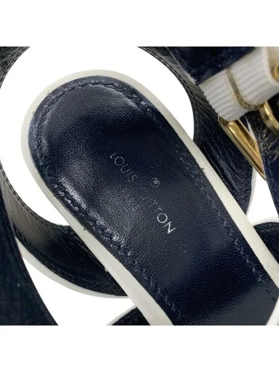 Louis Vuitton Boundary Line Sandals Shoes Leather White Navy Logo Wedge Sole - Picture 8 of 10